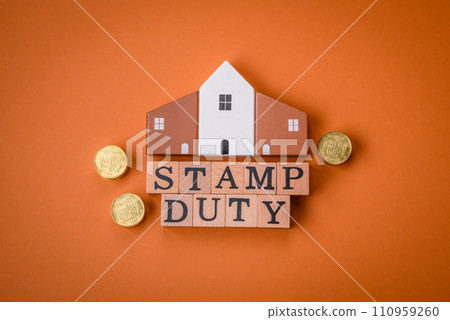 The inscription Stamp Duty made of wooden cubes on a plain background 110959260