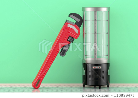 Circular glass refrigerated display case with pipe wrench. Service and repair of refrigerated display cases, 3D rendering 110959475