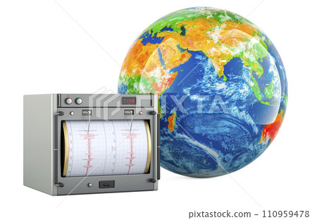Seismograph, seismometer with Earth Globe. 3D rendering Seismograph, seismometer with Earth Globe. 3D rendering 110959478
