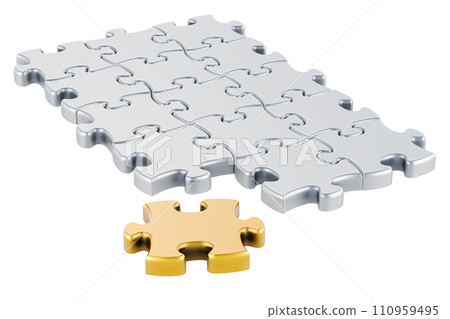 Metallic puzzles with one golden puzzle, 3D rendering 110959495