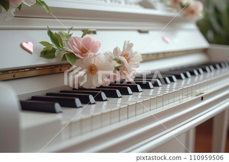 White grand piano keys with cream roses 110959506