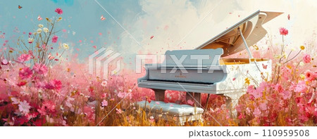 White grand piano in field with pink flowers 110959508