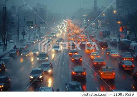 A big traffic jam in the city: a lot of cars on the road 110959529