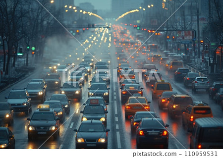 A big traffic jam in the city: a lot of cars on the road 110959531