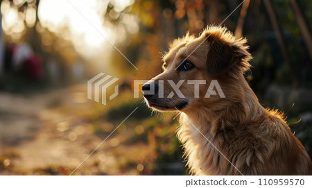 Cute dog with the sunset in the background (AI generated) Cute dog with the sunset in the background (AI generated) 110959570