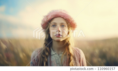 AI-generated content. Vintage image of young lady in a prairie 110960157