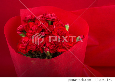 Close up of red carnation bouquet on red background 110960169