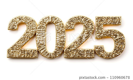 Golden metallic 2025 symbol for new year celebration, minimalistic style, white background Golden metallic 2025 symbol for new year celebration, minimalistic style, white background 110960678