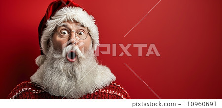 Startled santa claus with a shocked expression on a red background, perfect for text placement 110960691