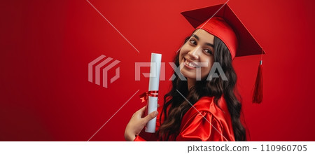 Radiant graduate with diploma against red studio background, ideal for advertising with copy space. 110960705