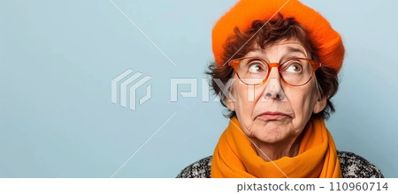 Cheerful senior woman with scarf and hat, isolated on pastel background with copy space Cheerful senior woman with scarf and hat, isolated on pastel background with copy space 110960714