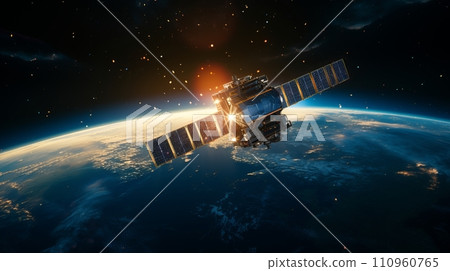 Futuristic telecom satellite orbiting earth with holographic data for internet and gps services Futuristic telecom satellite orbiting earth with holographic data for internet and gps services 110960765