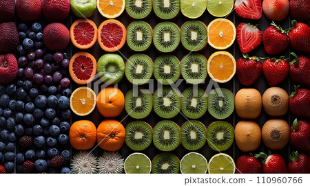 Eye catching display of exotic fruits with unique textures and vibrant colors under vivid lighting Eye catching display of exotic fruits with unique textures and vibrant colors under vivid lighting 110960766