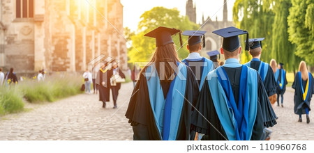 Confident graduate in historic university corridor with peers, grandeur, space for text Confident graduate in historic university corridor with peers, grandeur, space for text 110960768