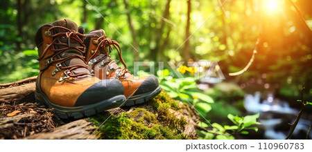 Hiking boots on mossy log in vibrant forest with summer stream, panoramic view with copy space 110960783