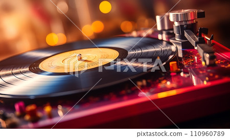 Close up of vibrant grooves on a classic vinyl record with reflective surfaces in bright light. Close up of vibrant grooves on a classic vinyl record with reflective surfaces in bright light. 110960789