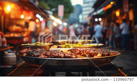 Colorful and bustling street food market with vibrant offerings under bright lighting. Colorful and bustling street food market with vibrant offerings under bright lighting. 110960797