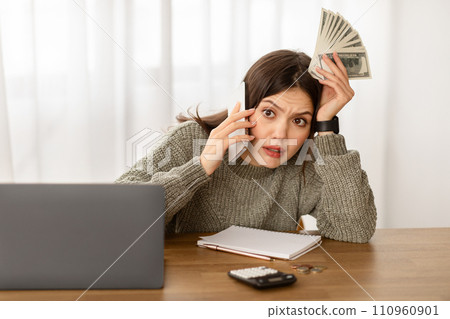 Worried woman trader shocked with financial news 110960901