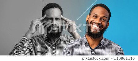 Glad, sad, unhappy millennial black man suffer from depression, headache Glad, sad, unhappy millennial black man suffer from depression, headache 110961116