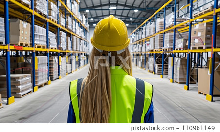 Confident female warehouse worker standing in large well lit distribution center 110961149