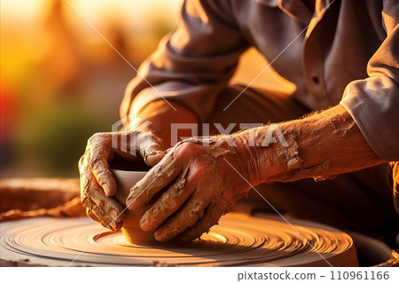 Potter s hands shaping vibrant textured clay in bright natural light Potter s hands shaping vibrant textured clay in bright natural light 110961166