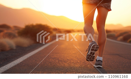 Man runner s legs racing on desert road toward beautiful sunset, with space for text placement 110961168