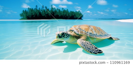 Tranquil sea turtle resting on sandy beach with captivating azure blue ocean waves in the backdrop 110961169