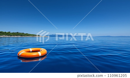 Red and white lifebuoy floating on open sea, symbolizing safety and rescue in emergency situations Red and white lifebuoy floating on open sea, symbolizing safety and rescue in emergency situations 110961205