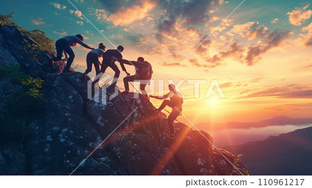 Group of friends climbing together, helping each other reach the mountain peak as a team Group of friends climbing together, helping each other reach the mountain peak as a team 110961217