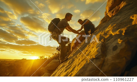 United friends conquering mountain peak, aiding and motivating each other on their determined quest United friends conquering mountain peak, aiding and motivating each other on their determined quest 110961227