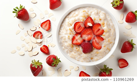 Nutritious oatmeal porridge with strawberry on white table, top view, healthy breakfast 110961269