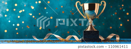 Golden championship cup with magical background, winner trophy celebration, confetti and ribbon 110961411