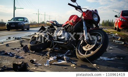 Close up of motorcycle accident on the road with injured rider and damaged vehicle in daylight Close up of motorcycle accident on the road with injured rider and damaged vehicle in daylight 110961419