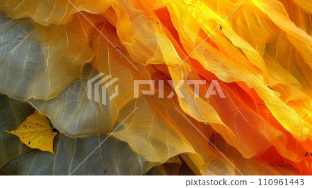 Tranquil yellow and green background with leaves and translucent silk fabric in gentle wave patterns 110961443
