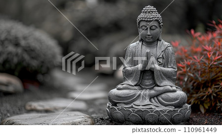 Majestic buddha statue in serene meditation pose at an intricately adorned temple 110961449
