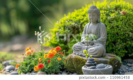 Serene buddha statue in peaceful meditation, ancient sculpture of enlightenment and tranquility Serene buddha statue in peaceful meditation, ancient sculpture of enlightenment and tranquility 110961458