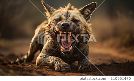 Vibrant close up of a wild dog passionately howling in the vast and untamed wilderness 110961470
