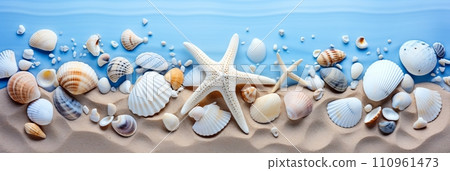 Top view of sandy beach with seashells and starfish   summer travel design background 110961473