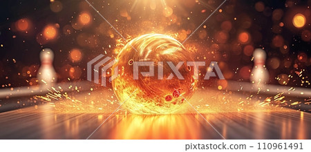Dynamic strike  bowling ball crashing into pins at bowling alley, sports competition concept 110961491
