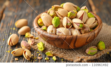 Pistachio nuts in bowl on wooden table   healthy snack and nutritious food option 110961492