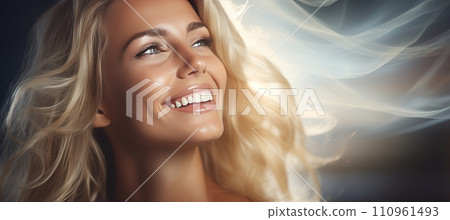 Close up portrait of woman smiling on blurred defocused background with copy space 110961493