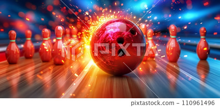 Bowling strike ball crashing into pins on alley line, concept of sport competition or tournament. Bowling strike ball crashing into pins on alley line, concept of sport competition or tournament. 110961496