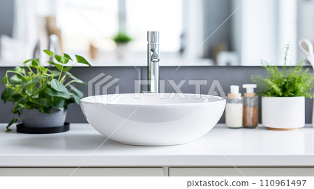 Minimalist bathroom with white square vessel sink and chrome faucet in modern interior design 110961497