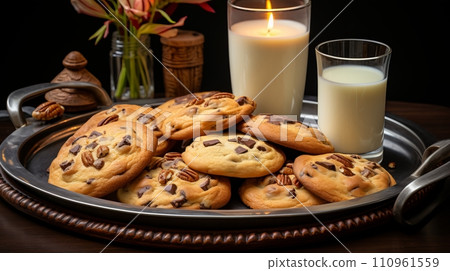 Irresistible homemade cookies on a tray with milk, forming a comforting and satisfying snack combo. Irresistible homemade cookies on a tray with milk, forming a comforting and satisfying snack combo. 110961559