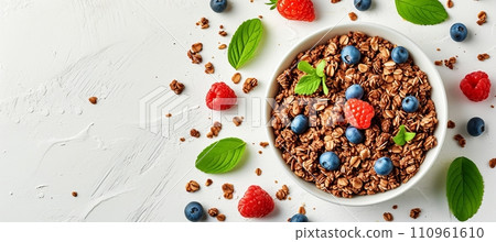 Healthy oatmeal porridge with berries on white table   top view, diet breakfast with copy space 110961610