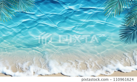 Tropical leaf shadow on water surface of white sand beach   abstract summer vacation concept 110961624