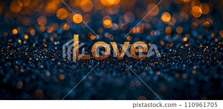 Magical bokeh sparkles background with golden text love on postcard in vintage style Magical bokeh sparkles background with golden text love on postcard in vintage style 110961705