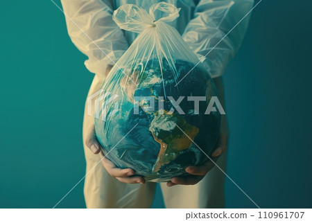 AI-generated content. A man with the earth in a plastic bag in his hands. comeliness 110961707
