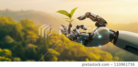 Robot hand nurturing young plant in green forest   sustainable agriculture meets ai Robot hand nurturing young plant in green forest   sustainable agriculture meets ai 110961736