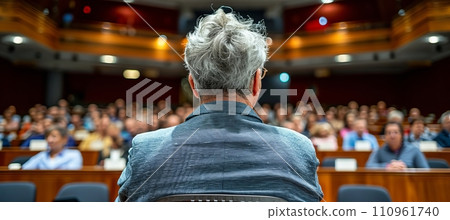 Keynote speaker at business conference giving presentation seen from the back in auditorium setting 110961740